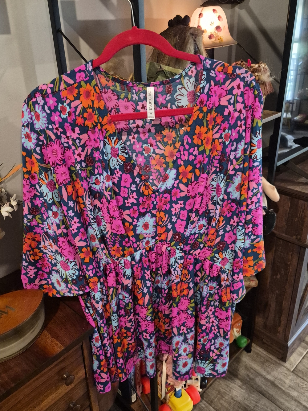 Floral V-Neck Peasant Blouse - Pink Multi